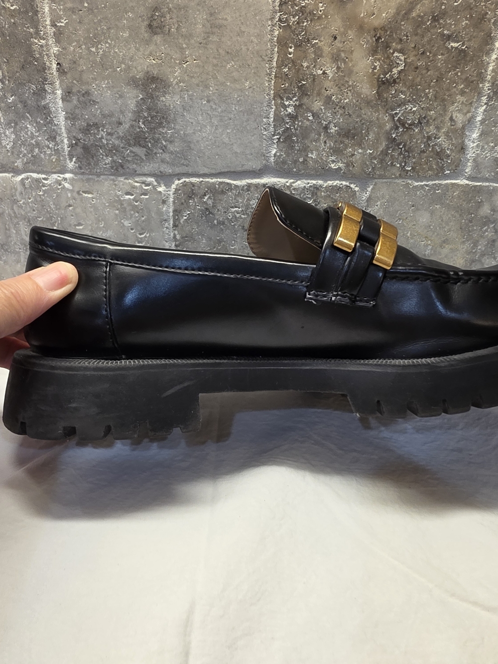 Women's Black Zara Slip-On Loafers with Gold Link Accent
